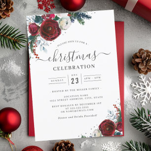 Festive Christmas Floral Red Silver Party Invitation