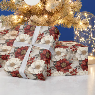 Festive Christmas Floral Red & White Poinsettias  Wrapping Paper