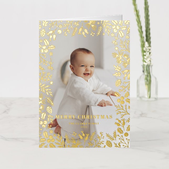 Festive Christmas Foliage Frame Merry Christmas Foil Holiday Card (Flower)