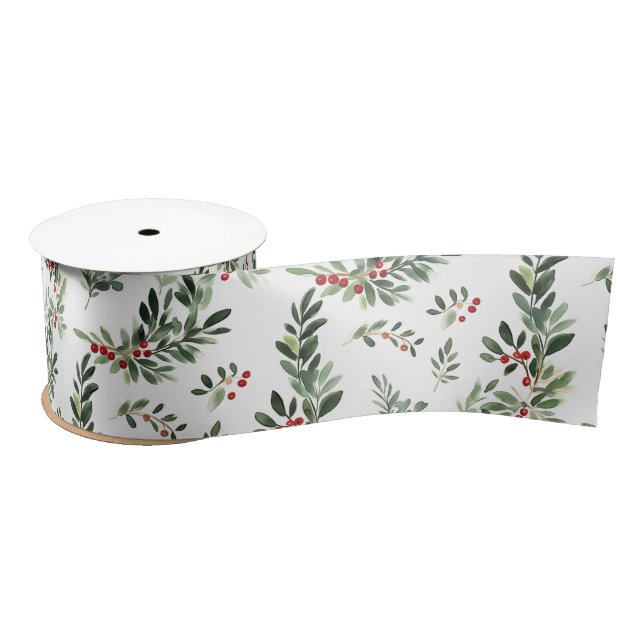 Festive Christmas Foliage Watercolor Style Holiday Satin Ribbon (Spool)