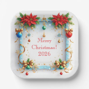 Festive Christmas Frame Decorated with Poinsettias Paper Plate