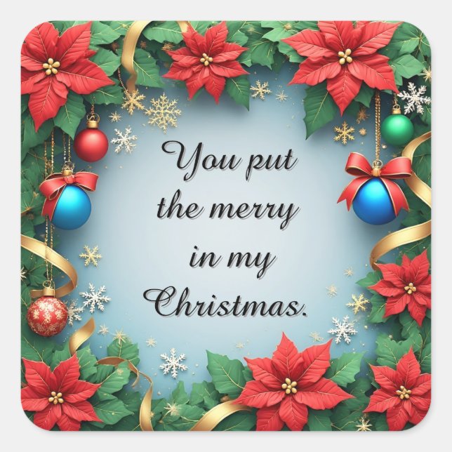 Festive Christmas Frame with Poinsettias Square Sticker (Front)