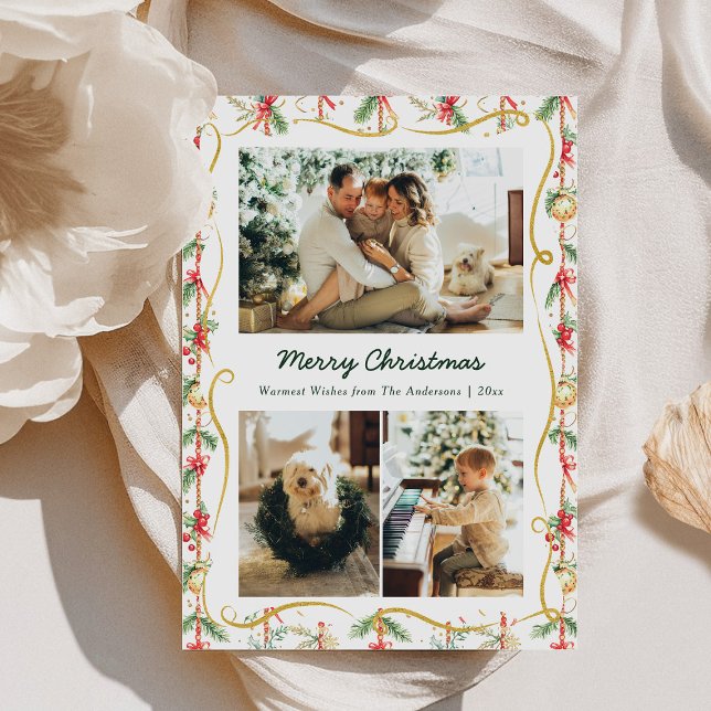 Festive Christmas Garland & Bow Pattern 3 Photo Holiday Card (Creator Uploaded)