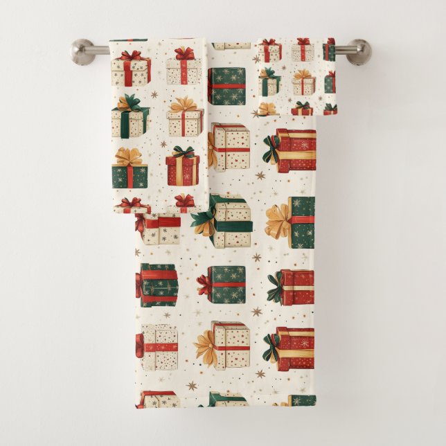 Festive Christmas Gift Wrap Design Pattern Bath Towel Set (Insitu)