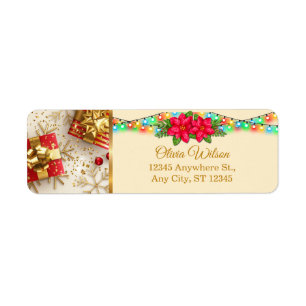 Festive Christmas Gifts Poinsettia & Lights Return Address Label