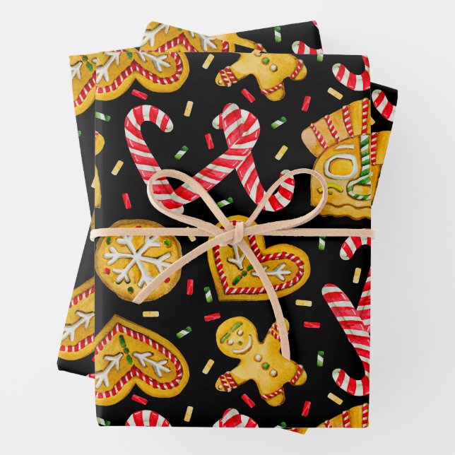 Festive Christmas Gingerbread Cookies & Candy Cane Wrapping Paper Sheet (In situ)
