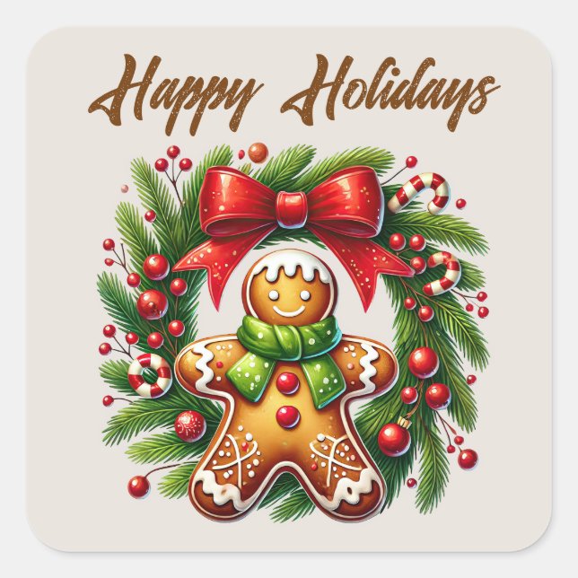 Festive Christmas Gingerbread Happy Holidays Square Sticker (Front)