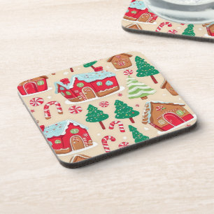 Festive Christmas Gingerbread Houses Trees Pattern Coaster