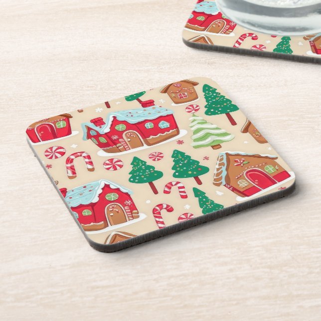 Festive Christmas Gingerbread Houses Trees Pattern Coaster (Left Side)
