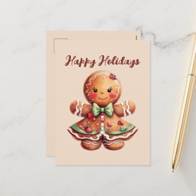 Festive Christmas gingerbread watercolor  Holiday Postcard (Front/Back In Situ)