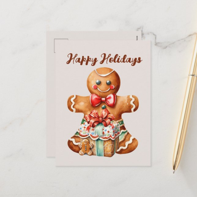Festive Christmas gingerbread watercolor  Holiday Postcard (Front/Back In Situ)