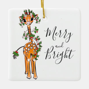 Festive Christmas Giraffe, red green garand Ceramic Ornament