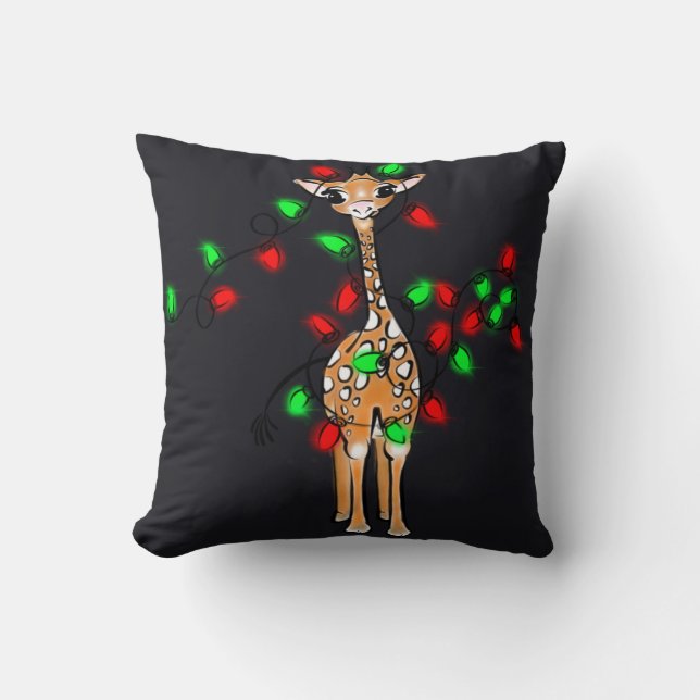 Festive Christmas Giraffe-red green twinkle lights Cushion (Front)