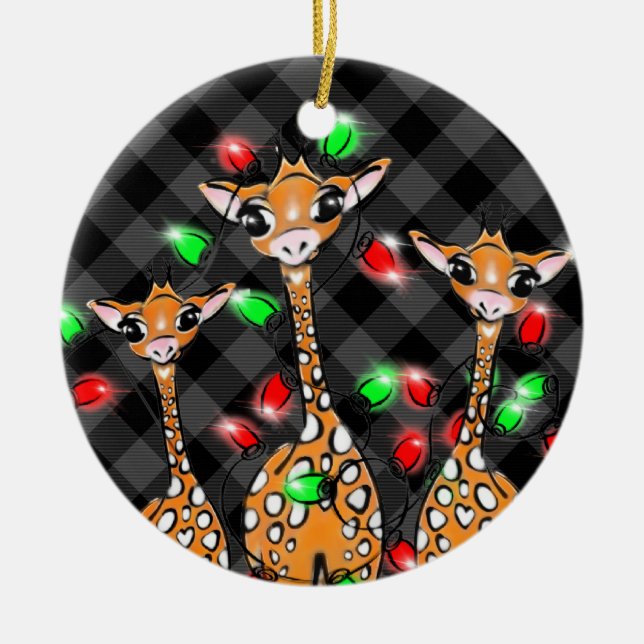 Festive Christmas giraffes grey black plaid lights Ceramic Ornament (Front)