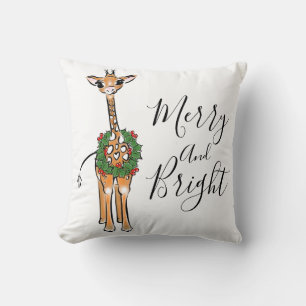 Festive Christmas Giraffes, red green Holly wreath Cushion