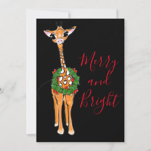 Festive Christmas Giraffes, red green Holly wreath Invitation