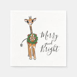 Festive Christmas Giraffes, red green Holly wreath Napkin