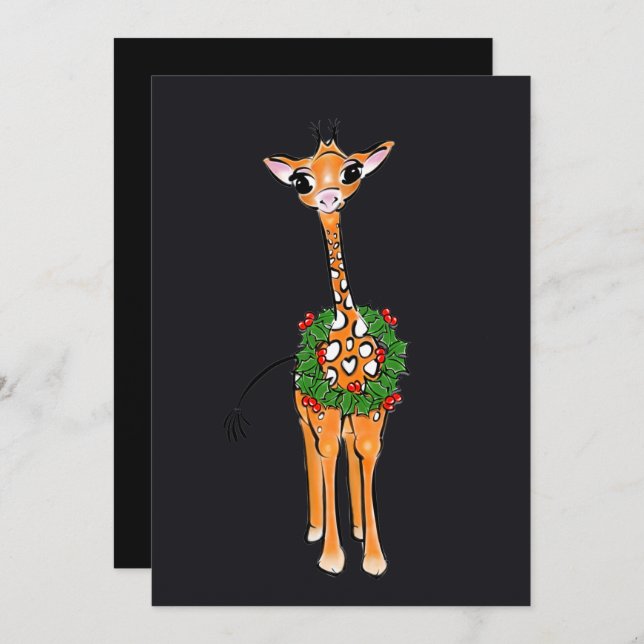 Festive Christmas Giraffes with Holly wreath Holiday Card (Front/Back)