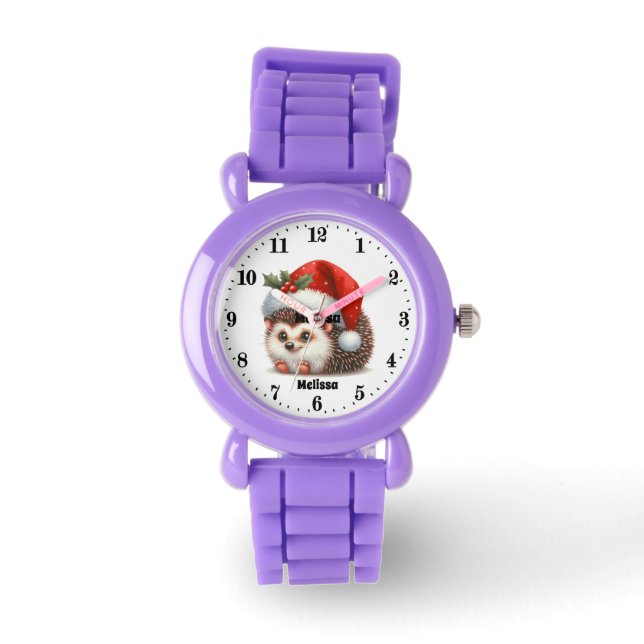 Festive Christmas girls hedgehog add name Watch (Front)