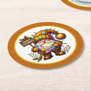 Festive Christmas gnome Holiday dinner party  Round Paper Coaster