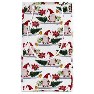 Festive Christmas Gnomes, Poinsettia and Bells  Small Gift Bag