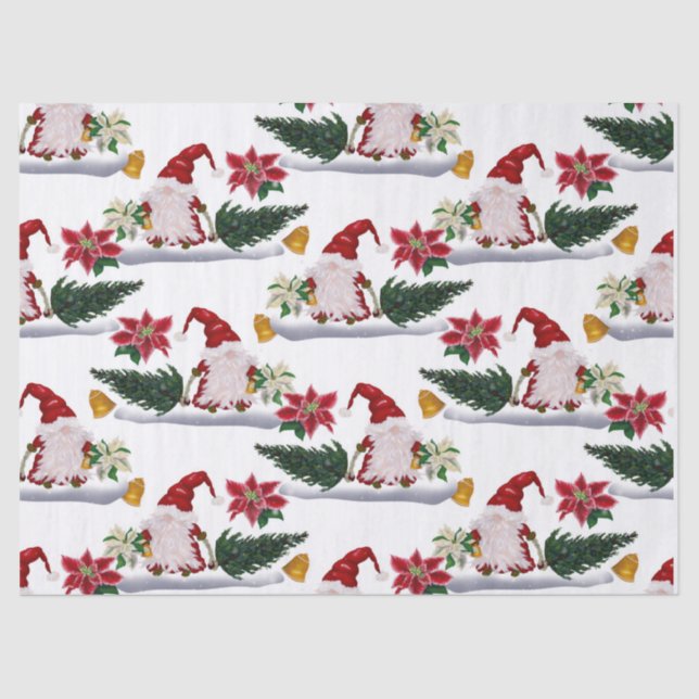 Festive Christmas Gnomes, Poinsettia and Bells  Tissue Paper (Front)