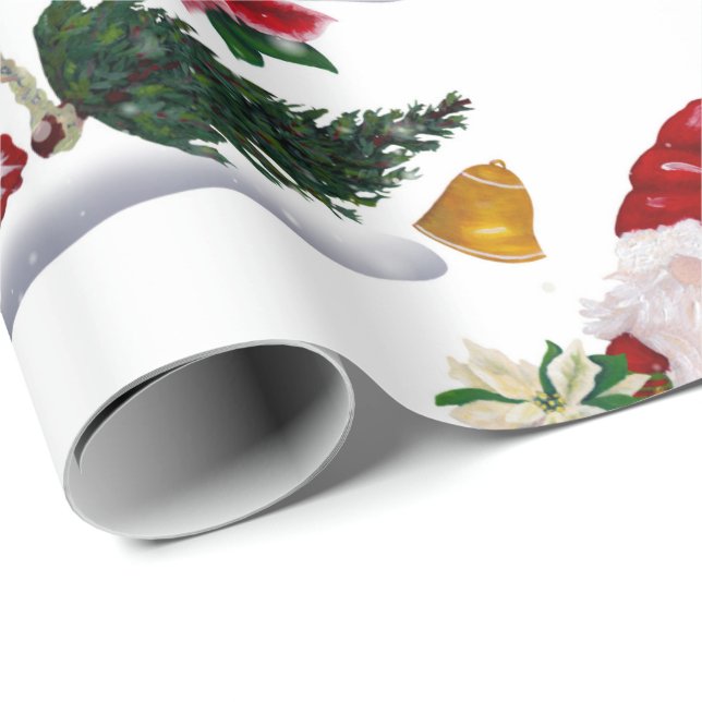 Festive Christmas Gnomes, Poinsettia and Bells Wrapping Paper (Roll Corner)