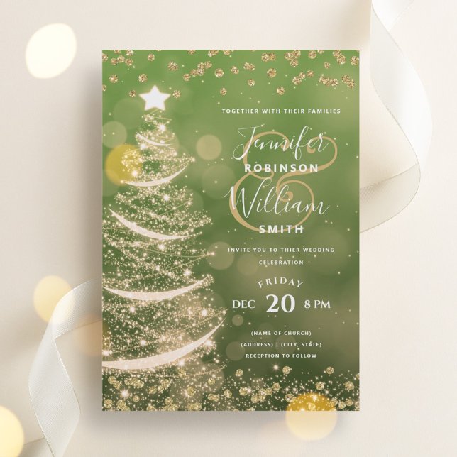 Festive Christmas Gold Green Wedding Sparkle Tree Invitation (Festive Christmas Gold Green Wedding Sparkle Tree Invitation)
