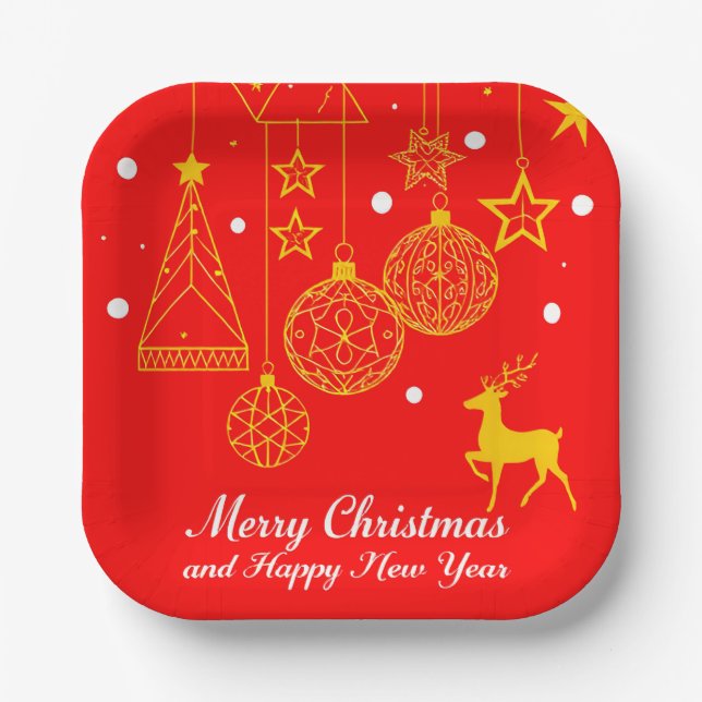 Festive Christmas Graphic With Ornaments Paper Plate (Front)