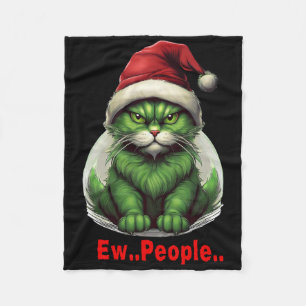 Festive Christmas Green Cat Ew People Funny Cat Fleece Blanket