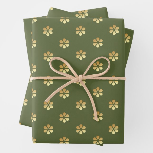 Festive Christmas Green & Gold Daisy  Wrapping Paper Sheet (In situ)
