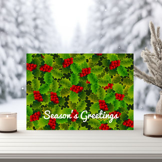 Festive Christmas Green Holly Leaves Red Berries Holiday Card