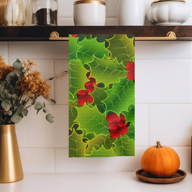 Festive Christmas Green Holly Leaves Red Berries Tea Towel (Creator Uploaded)
