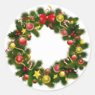 Festive Christmas Green Red Wreath Classic Round Sticker