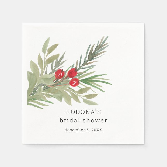 Festive Christmas Greenery Bridal Shower Napkin (Front)