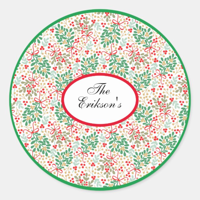 Festive Christmas Greens And Holly Berries Classic Round Sticker (Front)