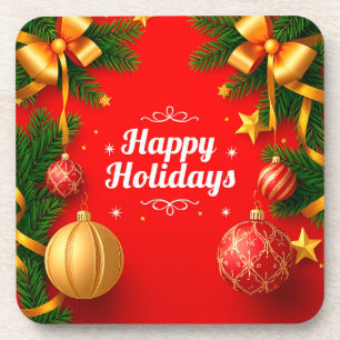 Festive Christmas Greeting Card with Decorations Coaster