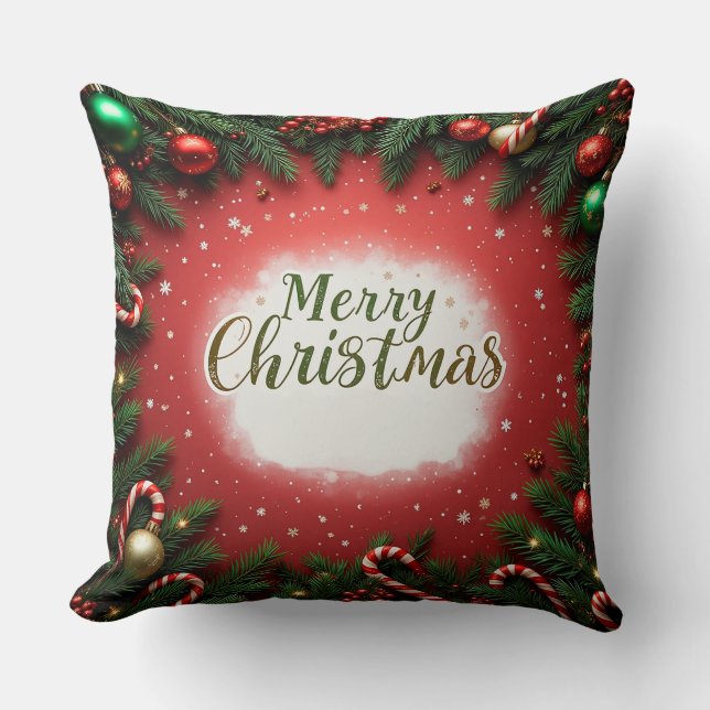 Festive Christmas Greeting Card with Decorations Cushion (Front)
