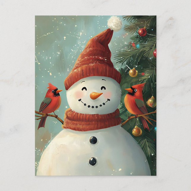 Festive Christmas Greeting Snowman and Cardinals Postcard (Front)
