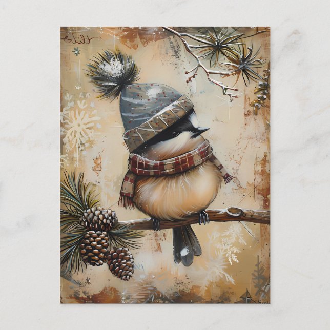 Festive Christmas Greeting with cute Bird Postcard (Front)