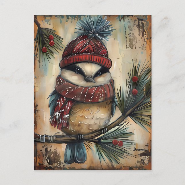Festive Christmas Greeting with cute Bird Postcard (Front)