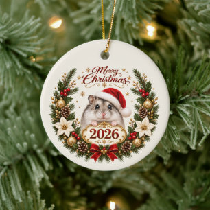 Festive Christmas Hamster in Santa Hat with 2026 Ceramic Ornament