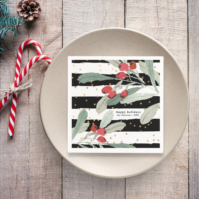 Festive Christmas Holiday Botanicals Stripes Gold Napkin (Creator Uploaded)