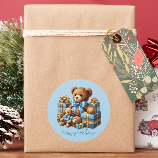 Festive Christmas Holiday customisable teddy bear Classic Round Sticker (Holiday)