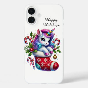 Festive Christmas Holiday customisable unicorn iPhone 16 Plus Case