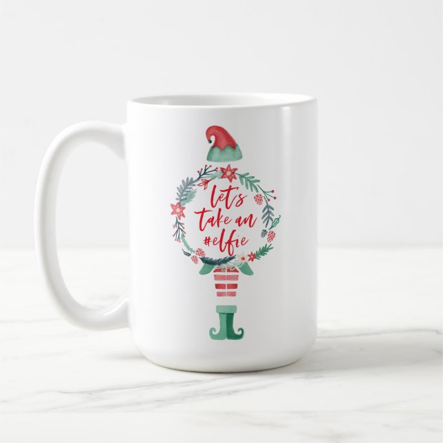 Festive Christmas Holiday Elf Let's Take An #Elfie Coffee Mug (Left)