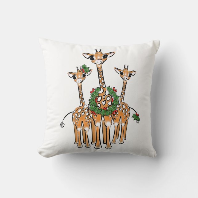 Festive Christmas Holiday Giraffes, wreath Cushion (Front)