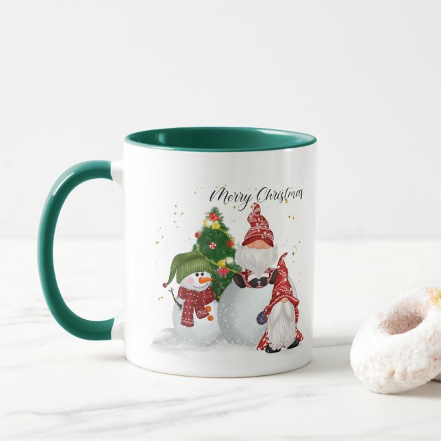 Festive Christmas Holiday gnomes add monogram Mug (With Donut)