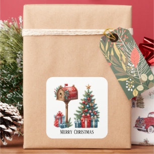 Festive Christmas Holiday mailbox add text Square Sticker
