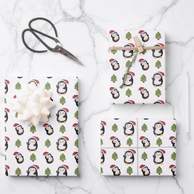 festive Christmas Holiday penguins tiled  Wrapping Paper Sheet (Front)